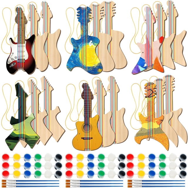 Juego de guitarras de madera DIY Syhood de 18 piezas con pinturas para niños