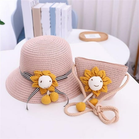 

nsendm + Straw Sunshade Girls Hat Bag Sun Cartoon Children Kids Hat Straw Beach Kids Hat Air Hat Boys Hat Pink One Size