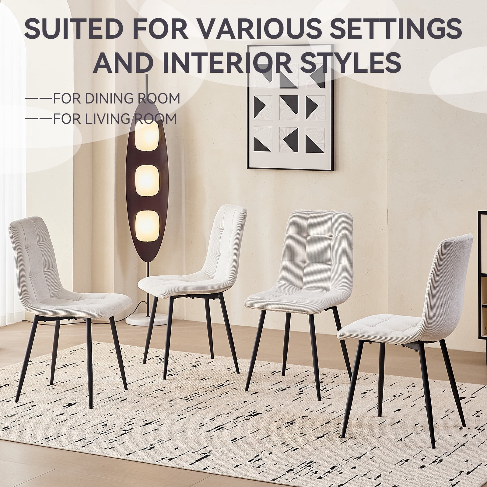 Corduroy Dining Chairs Set of 4, Modern Upholstered Fabric Kitchen Chair with Metal Legs for Living Dining Room, Apartment, Side Chairs with Thick Cushions, White