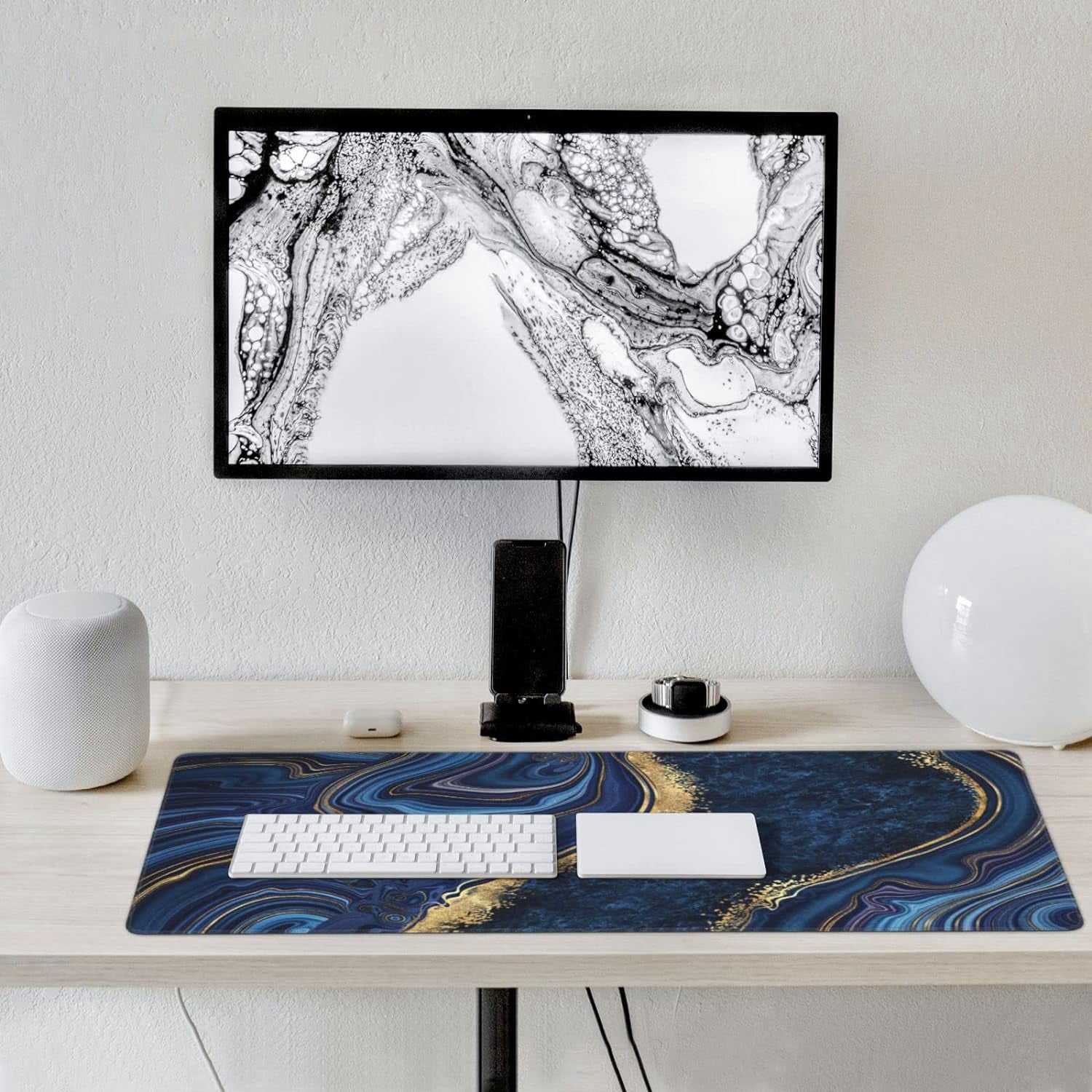 Gaming Mouse Pad,Large Mouse Pads for Desk,Non-Slip Rubber Base Extended Mousepad,XXL Keyboard Mouse Mat,Computer Keyboard Desk Pad with Stitched Edges,35.4x15.8inch,Blue Golden Marble