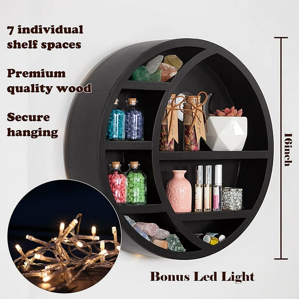 16\u201dLarge Crescent Moon Shelf with Led Lights | Moon Phase Wall Hanging  Crystal Display Shelf for Crystals Stone, Essential Oils & Mini Plants |