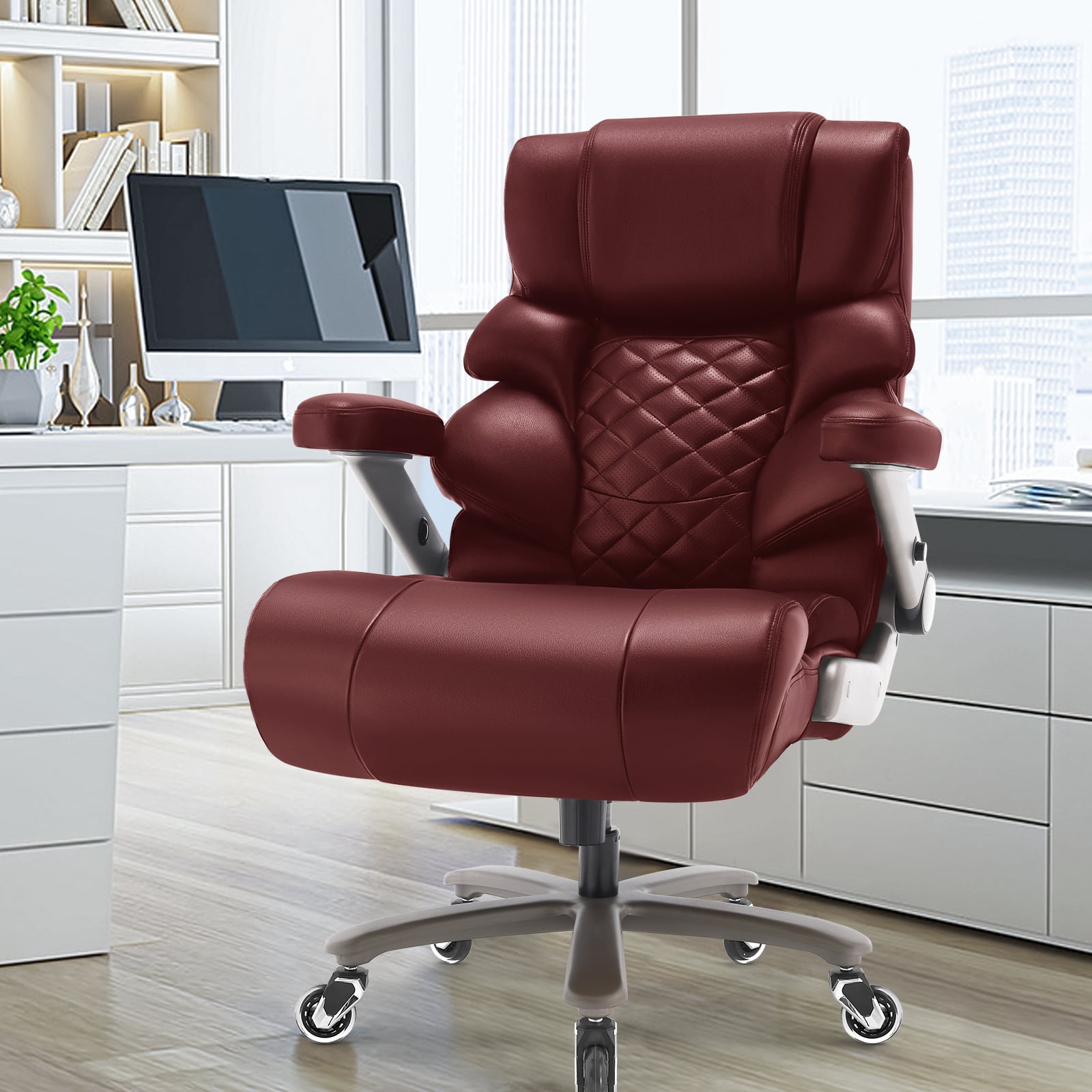WOSDOM Big and Tall Office Chair 700lbs, Large High Back Executive Chair with Extra Wide Seat, Heavy Duty Rocking Computer Chair, 3D Flip Arms, Adjustable Lumbar Support, Burgendy