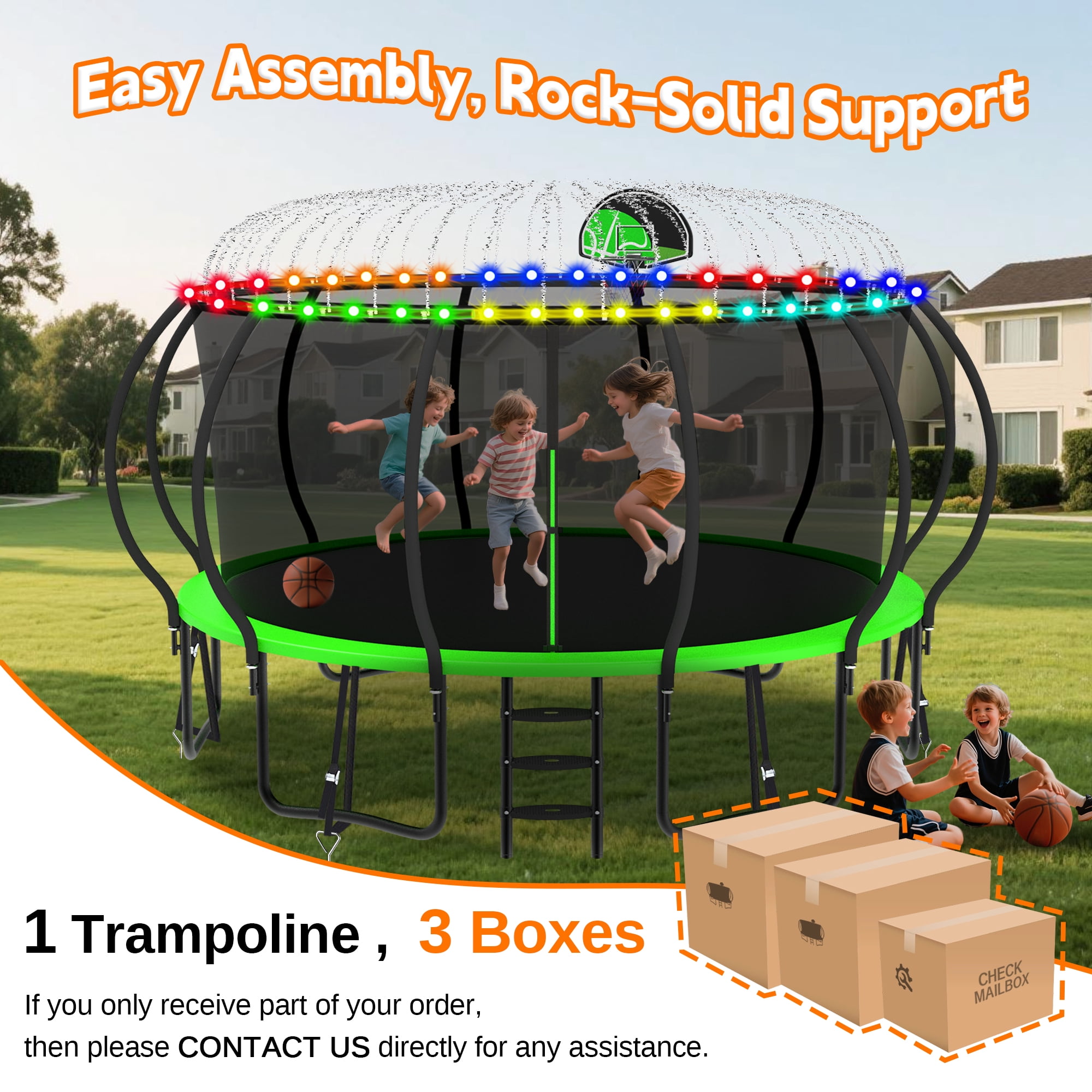 DeepRoar 2026 Upgraded 14FT Trampoline for Kids and Adults, Heavy Duty 1400LBS Outdoor Trampoline Set with Enclosure, Basketball Hoop, Light and Sprinkler, Recreational Trampolines for Backyard