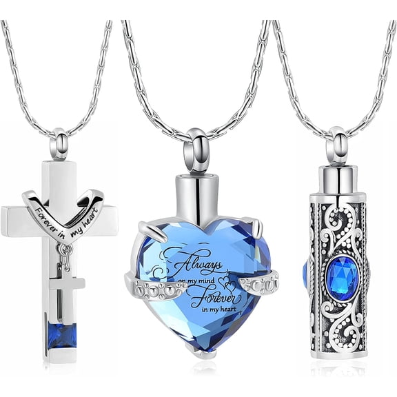 3 Pack Crystal Heart Cross Cylinder Urn Necklaces for Ashes Cremation Jewelry Keepsake for Women Men Crystal Funeral Memorial Pendant Gift