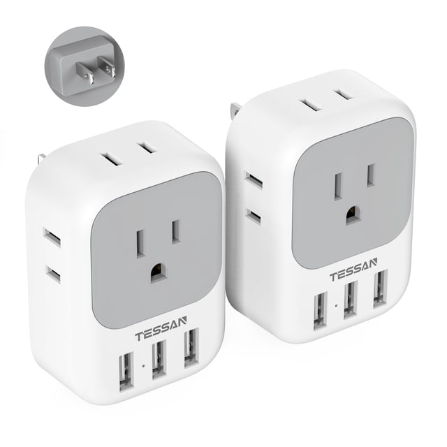 Adaptador de enchufe TESSAN de EE. UU. a Japón, paquete de 2 con 4 tomas de corriente alterna y 3 USB