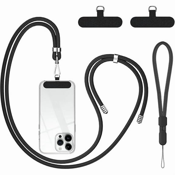 Cell Phone Lanyard, Crossbody Phone Lanyard 1 Pack Adjustable Neck Strap and 1 Pcs Phone Wrist Strap with 2x Phone Tether Patches for Most Smartphones-Black