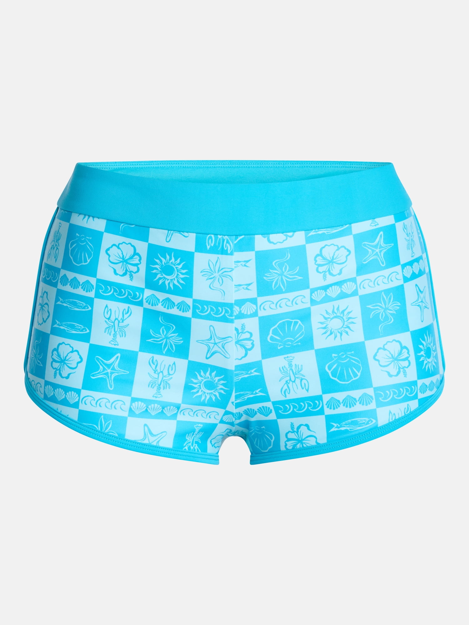 No Boundaries Groovy Getaway Checkered Print Boyshort Swim Bottoms, Women's XXS-XXL