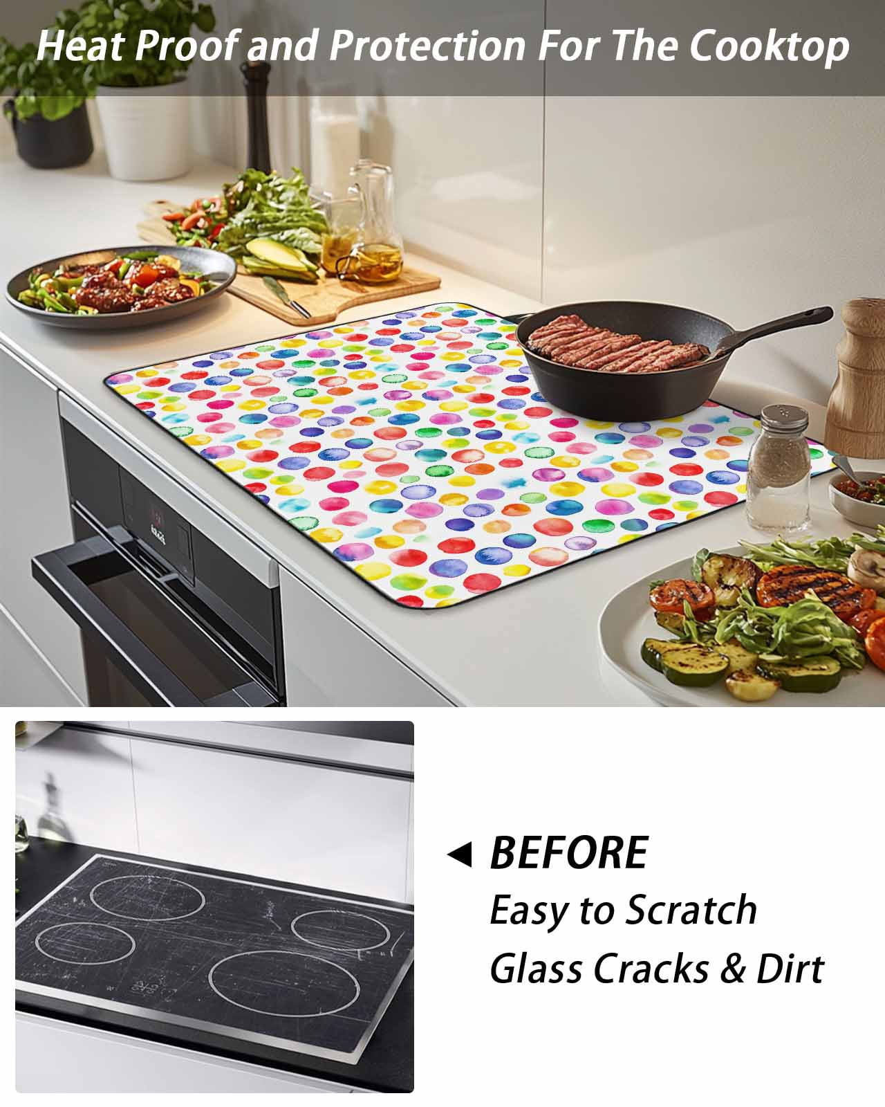 Stove Top Covers for Electric Stove, Colorful Polka Dot Glass Stovetop Cover Protector, Watercolor Rainbow Polka Dots Induction Cooktop Protector Oven Mat for Kitchen Countertop 24"x21"