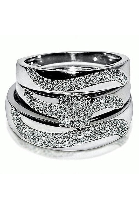 Wedding Set Trio Rings for Men and Women White Gold 1/2cttw Pave Style 3 Pc