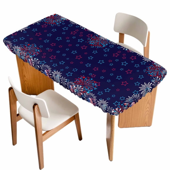 Independence Day Table Cloths for 3 Foot Rectangle Tables, Blue Fireworks US Flag Stars Sparklers Modern Patio Waterproof Elastic Fitted Tablecloths, Washable Rectangular Table Cover for Camping