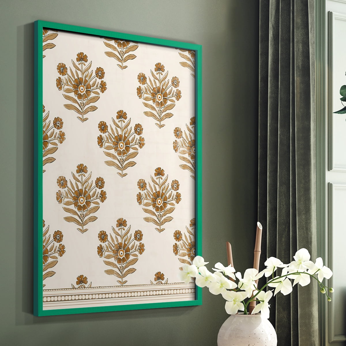 Block Print Blooms I Framed Print in Green Solid Wood Framed Print No Nail Hanging