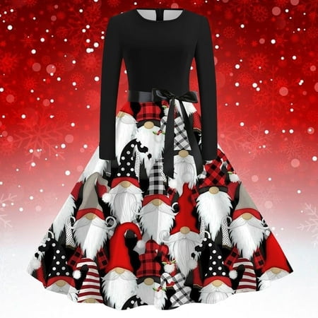 WILLBEST Robes Quinceanera pour Femmes Col Rond Manches Longues Imprimé Vintage Robe de Soirée Robe Pull de Noël