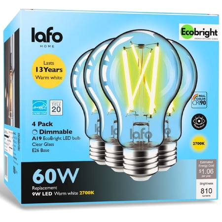 LafoHome EcoBright A19 LED Filament Bulb, 810 Lumens, 60W Equivalent, 2700K Warm White, Dimmable, 4-Pack