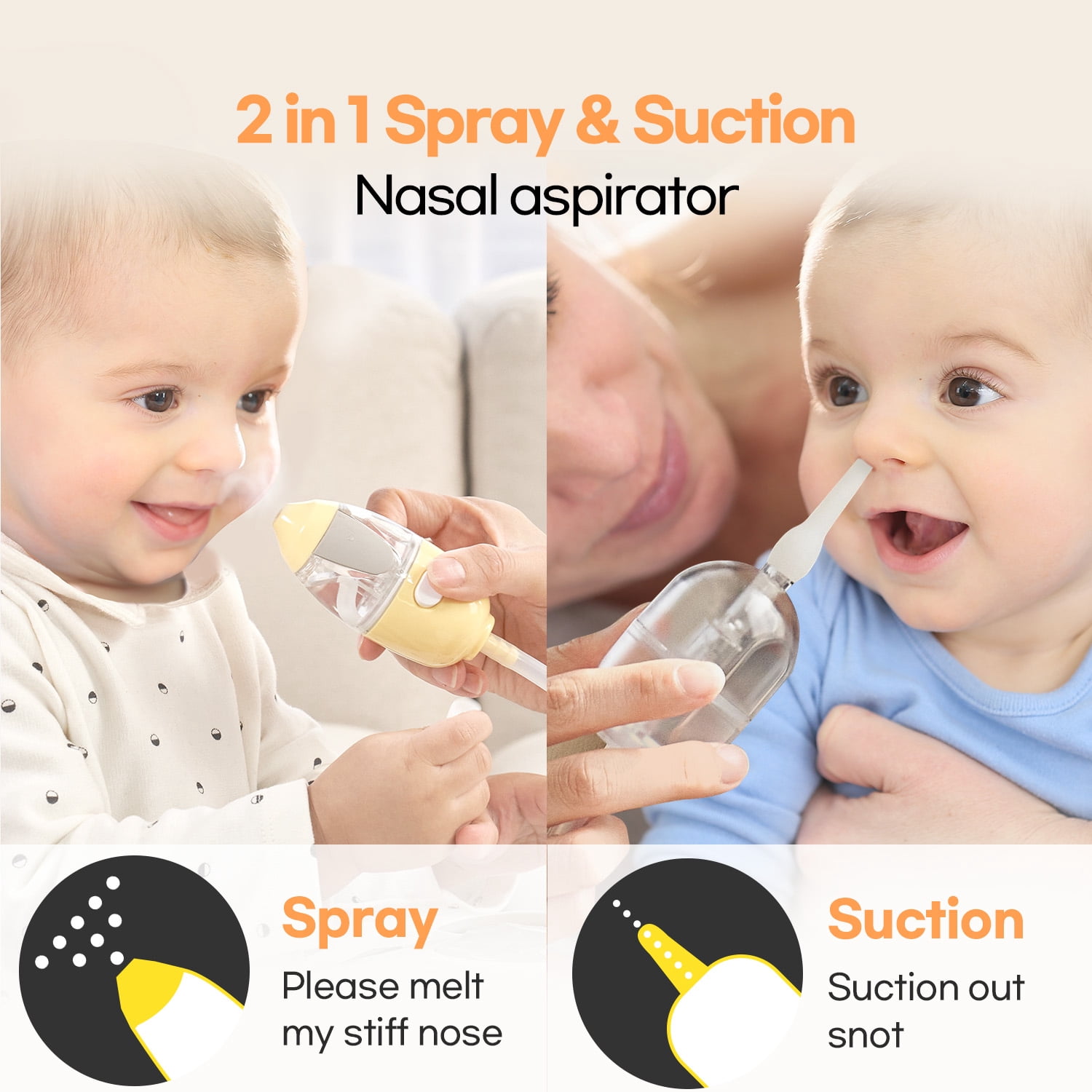 HubiBaby Nasal Aspirator Baby, Electric Baby Nasal Aspirator, Nasal Mist Spray and Nose Cleaner Both in One, Newborns, Infants, Baby and Toddler (Yellow)