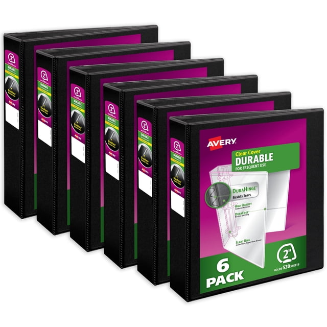 Carpeta Avery de 2 pulgadas con anillos inclinados, capacidad para 530 hojas, paquete de 6, negra