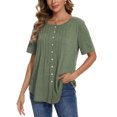 thumbnail image 3 of Women Summer Button Up Front Tops Shirts Casual Loose Pullover T-shirt Round Neck Pleated Tunic Blouses for Ladies Comfy Plain Tee, 3 of 9