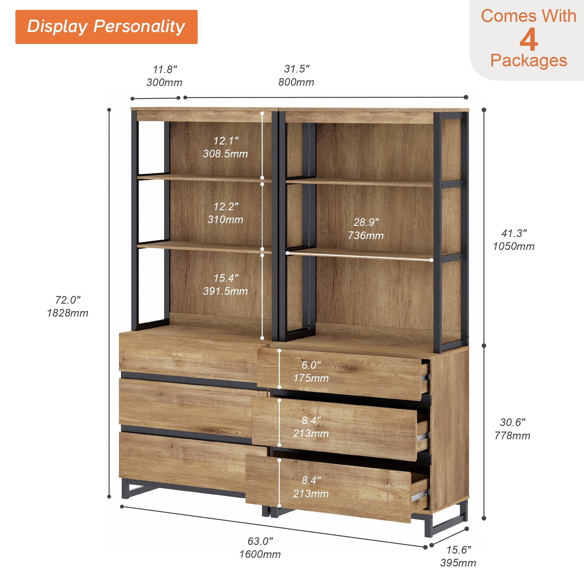 WAMPAT 2 PCS Modern 72" Tall Bookcase with 6 Drawers and Open Book Shelfs, Library Book Shelf with Storage Cabinet and Metal Base, Wood Freestanding Bookshelves for Home Office, Living Room, Oak
