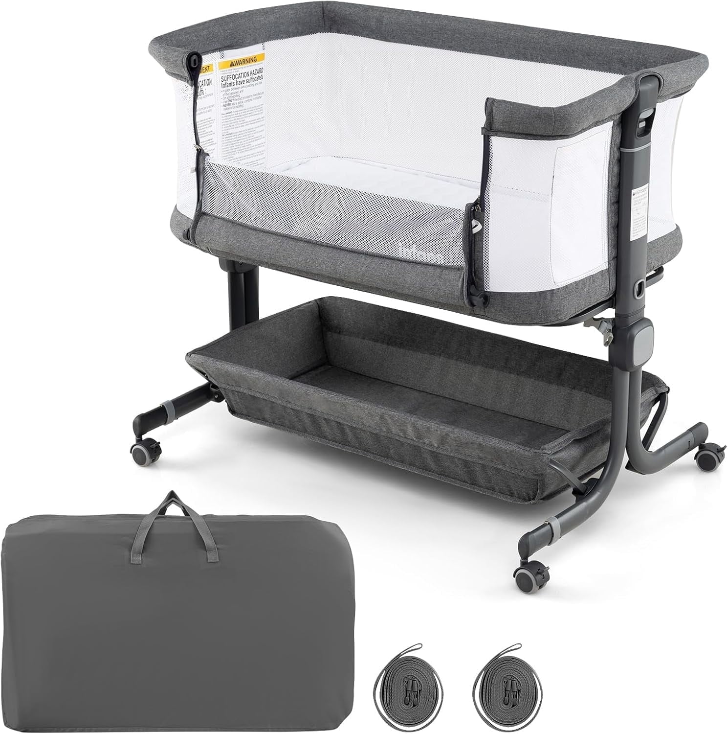 OLAKIDS 3-in-1 Baby Bassinet, Bedside Sleeper with Comfy Mattress, Wheels, 6-Height Adjustable, Storage Basket, Travel Bag, Portable Mesh Crib, Gray