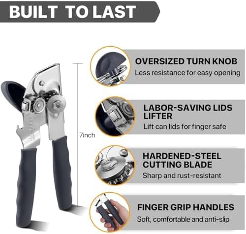 Can Opener Manual Heavy Duty,  Hand Held Can Openers for Seniors with Comfort Grip Sharp Blade, Solid Steel Hand Manual Can Open with Magnet for Kitchen Camping, Gray