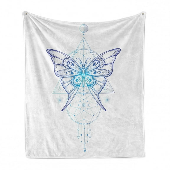 Alchemy Soft Flannel Fleece Throw Blanket, Boho Art Vintage Engraved Butterfly Dreamcatcher, Cozy Plush for Indoor and Outdoor Use, 60" x 80", Persian Blue and Aqua, by Ambesonne