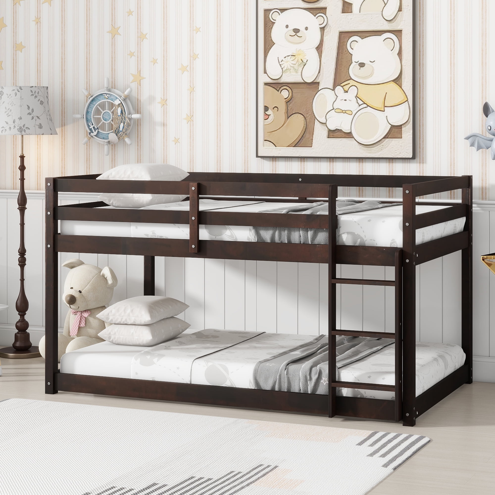Sailvan Floor Bunk Bed Twin Over Twin, Solid Wooden/Solid Rubber, Upper Bed Platforms crafted with Strengthened Slats