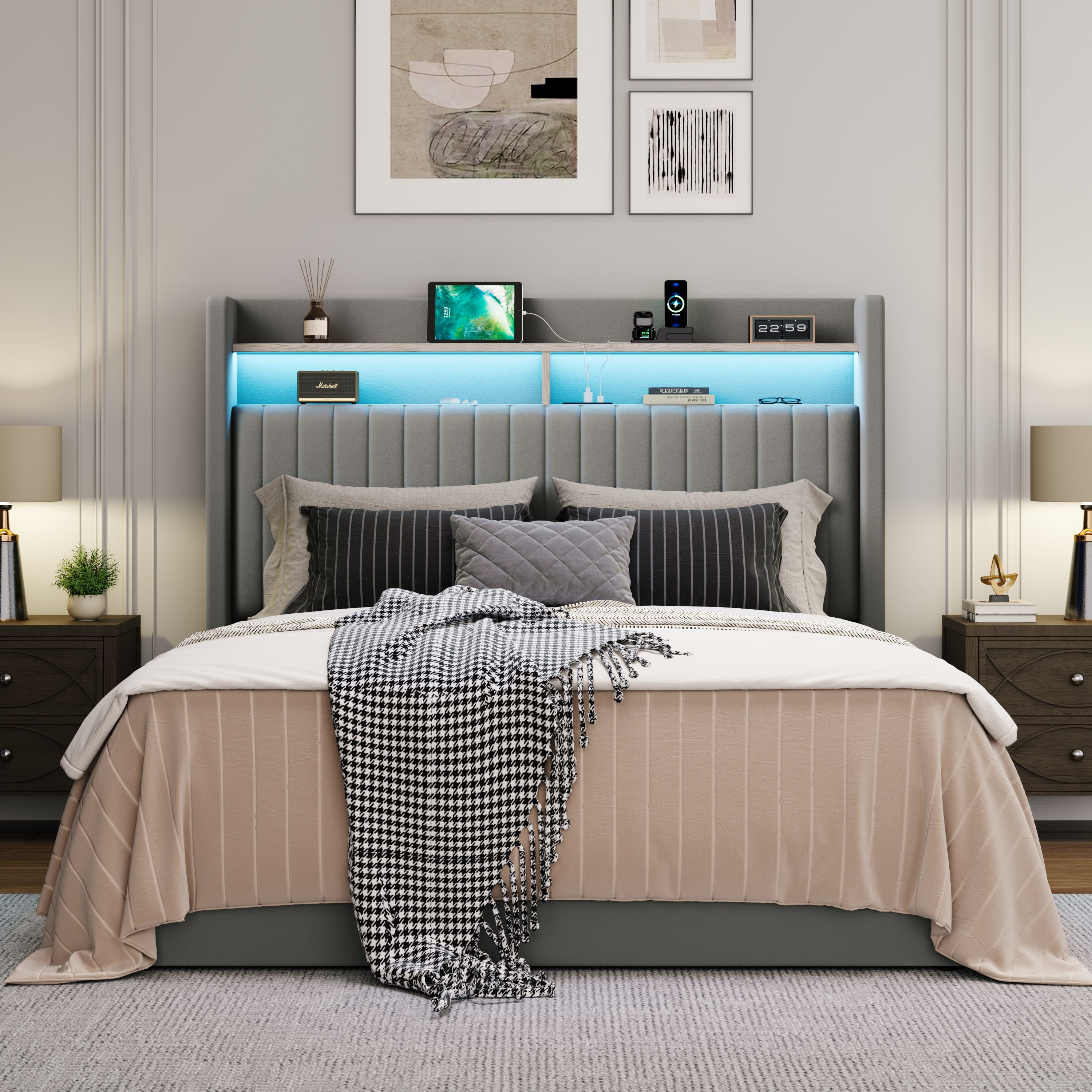Amolife Full Hydraulic Lift-Up Storage Bed Frame, LED Headboard with Fast Charging (USB/Type-C), 2-Tier Shelves & Velvet Upholstered, Gray