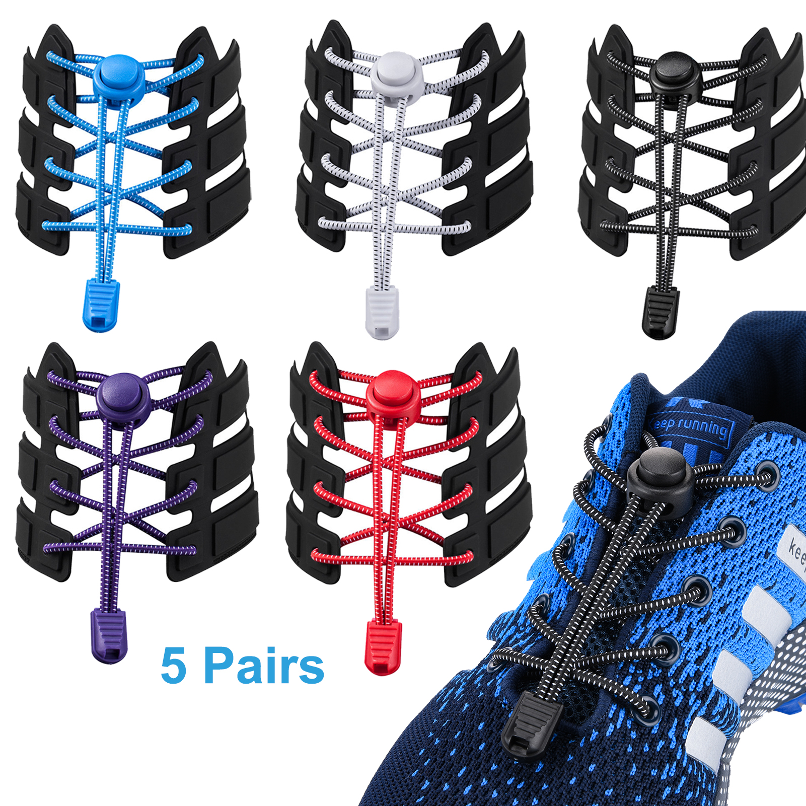5 Pairs Adjustable Tieless Rubber Shoelaces, No Tie Elastic Shoe laces
