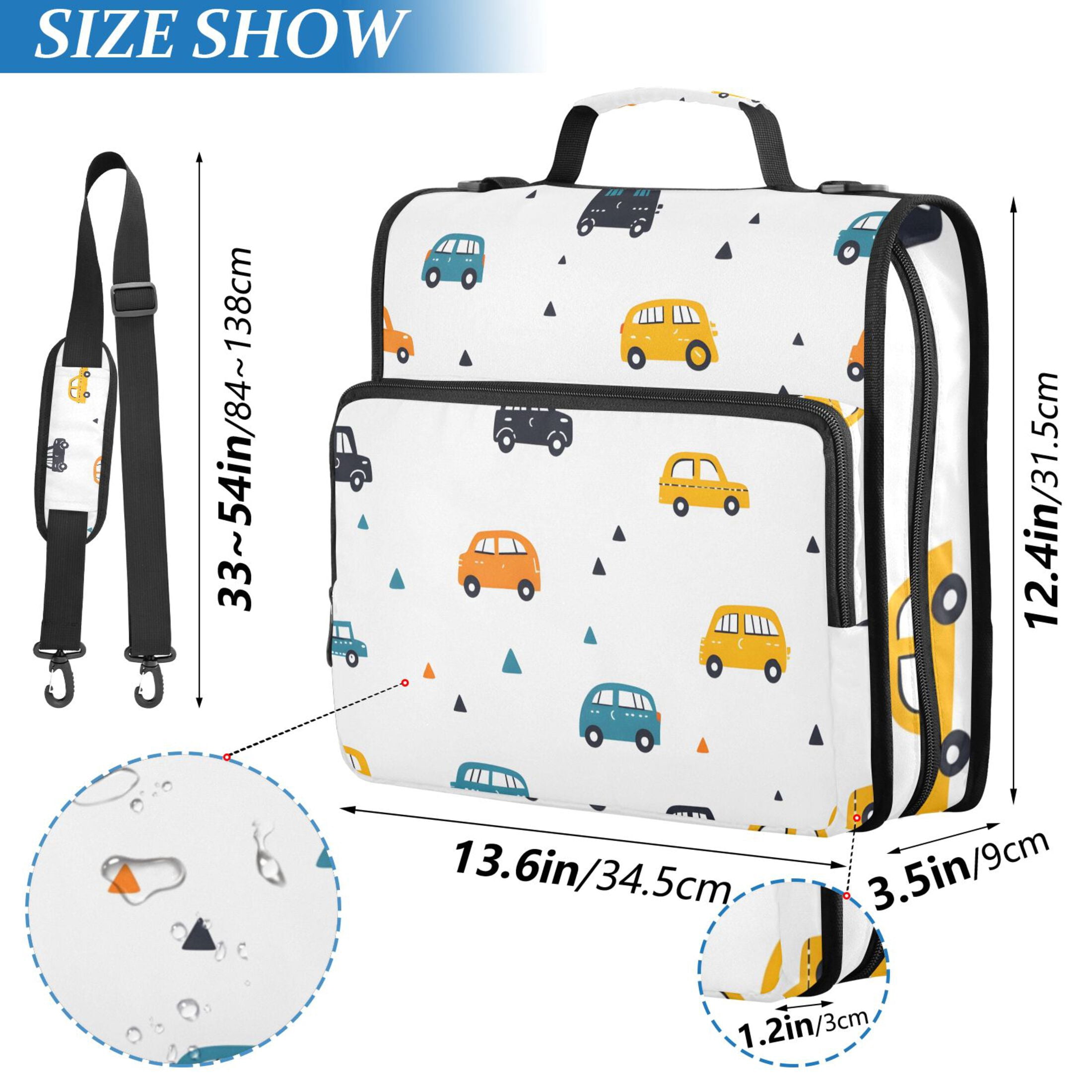 3 Ring Zipper Binder with Shoulder Strap Waterproof Trapper Keeper 2 Inch D-Ring 500 Sheets Capacity Cute Cars and Triangles
