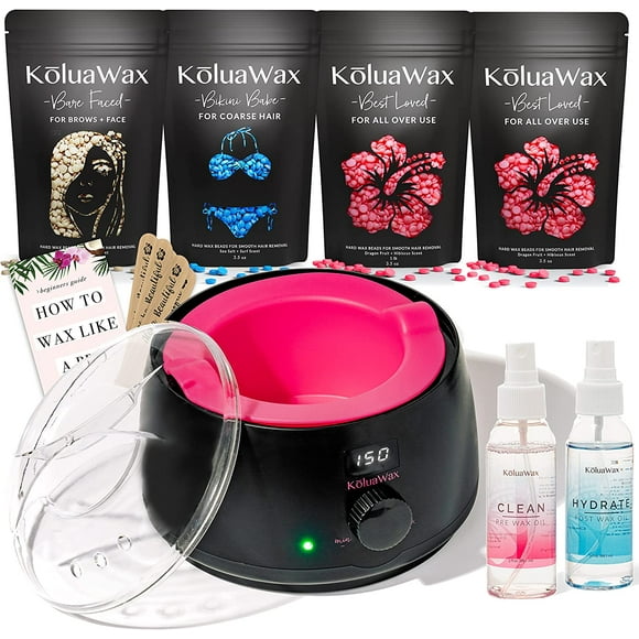 Black Hair Removal Waxing Kit - KoluaWax Hot Melt Warmer for Brazilian, Bikini, Face, Legs, and Eyebrow Waxing, Includes 4 Hard Wax Beads + Machine Accessories