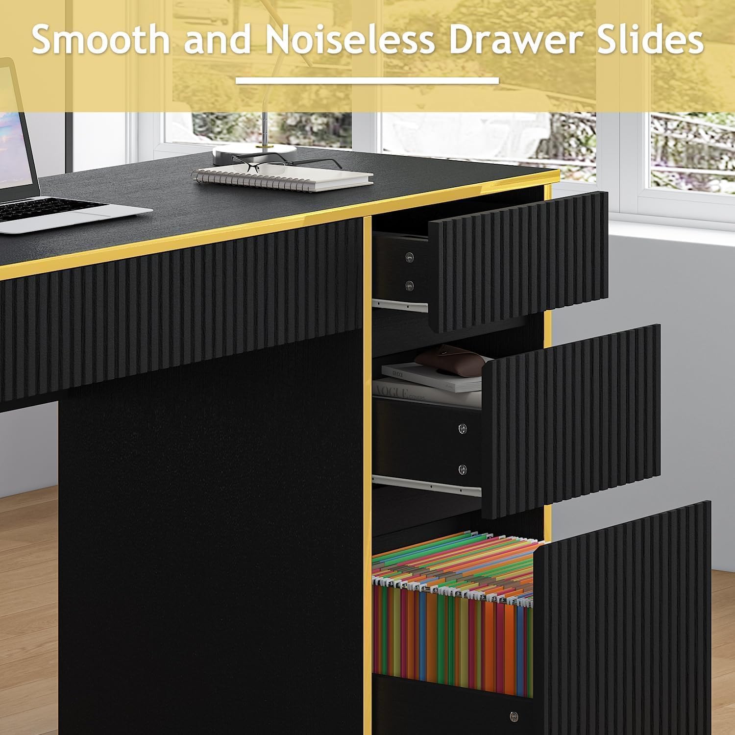 DreamCurship 58 inch Executive Desk with Drawers, Computer Desk with 7 Drawers, Home Office Desk for Work Study Writing, Black and Gold