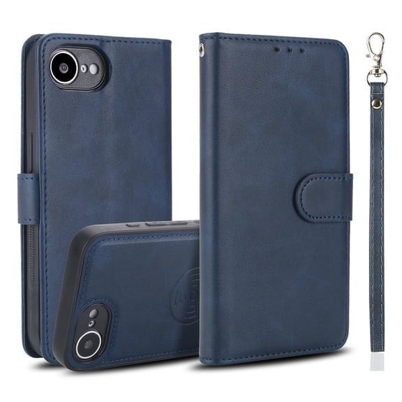 Detachable Wallet Case for iPhone 16E with Card Holder, PU Leather Wrist Hand Strap 2-in-1 Design Flip Cover Support Magnetic Car Mount Kickstand Protective Case for iPhone 16E, Blue