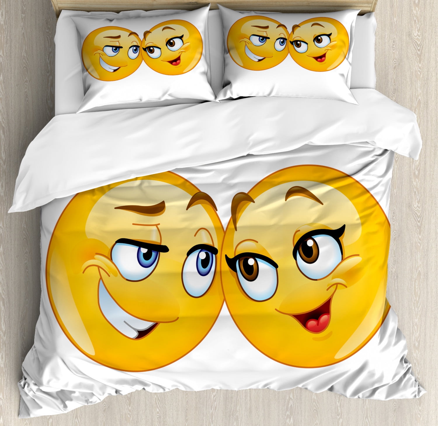 Emoji Quilted Bedspread & Pillow Shams Set Cartoon Romantic Smiley Print 