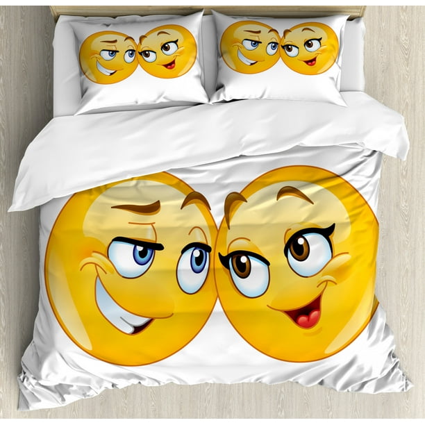 Emoji Duvet Cover Set, Loving Emoticons Couple Looking at Each Other