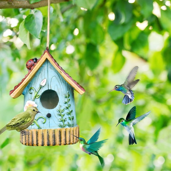 geerera Rustic Hanging Birdhouse, Hand-Painted Resin Hanging Bird House for Outdoor Garden, Tree & Patio Decor