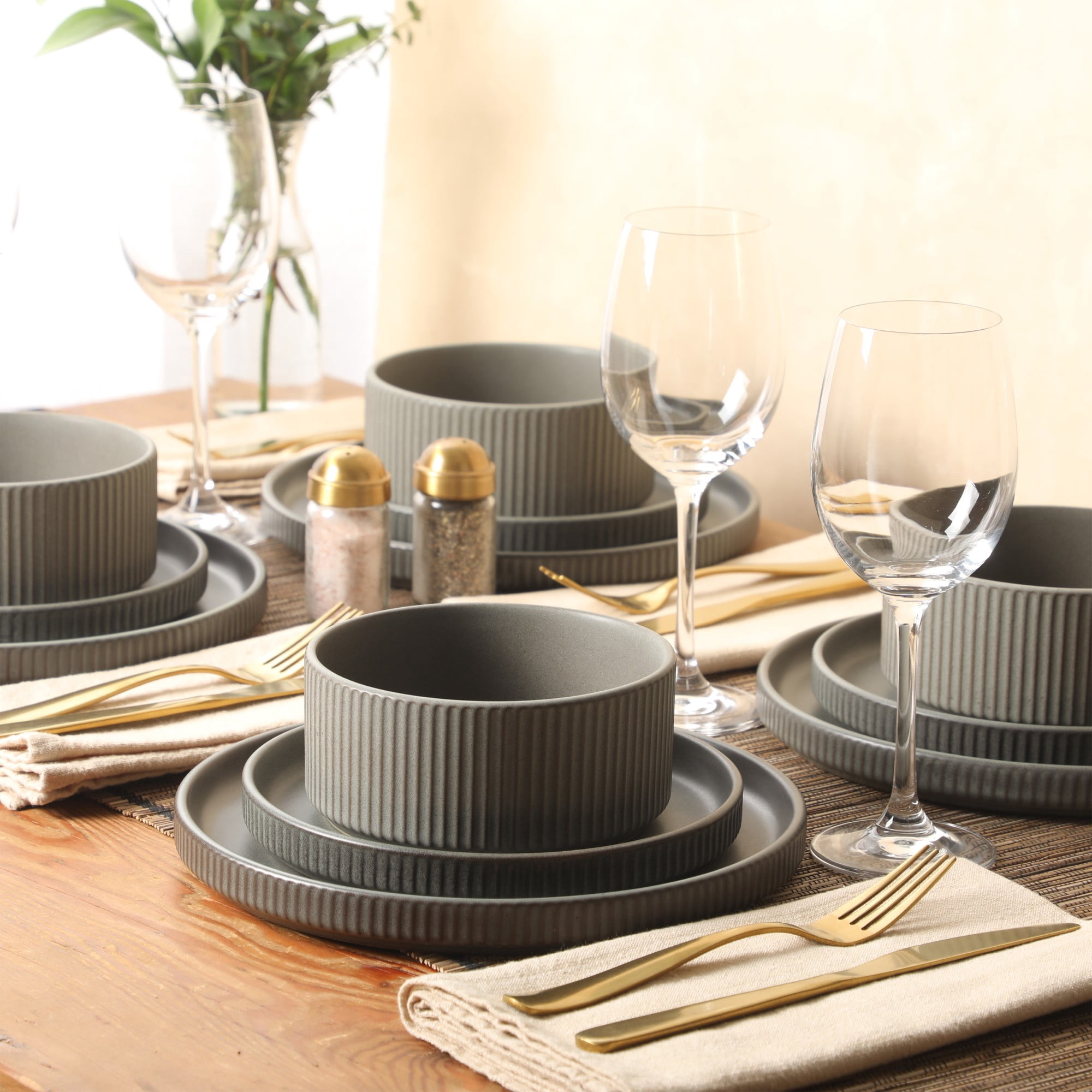 Gibson Elite Townscape Plates and Bowls 12 Piece Dinnerware Set - Grey