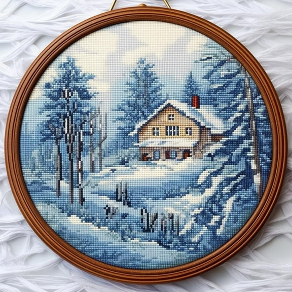 Winter Landscape House Stamped Cross Stitch Kits for Beginners Easy with Hoop 11CT Needlepoint Embroidery DIY Counted Cross Stitch Kits Art Craft Wall Decor 35x35cm(4)
