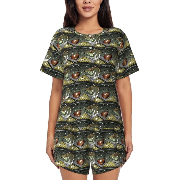Balery Largemouth Bass Fish Conjunto de Pijama para Mujer con Estampado, Dos Piezas de Manga Corta y Shorts, Ropa de Dormir Suave con Cuello Redondo y Bolsillos-3X-Large