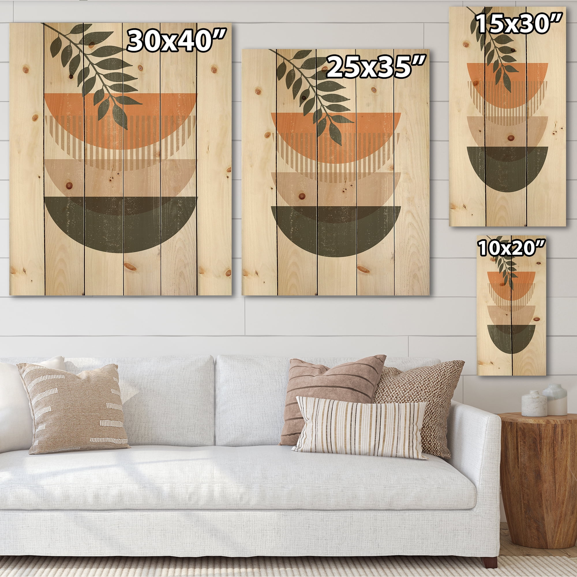Designart 'Abstract Geometrical Moon and Sun With Leaf II' Modern Print on Natural Pine Wood