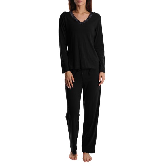 Blis Adult Womens Satin Trim Long Sleeve Sleep Cotton Pajama Pant Set