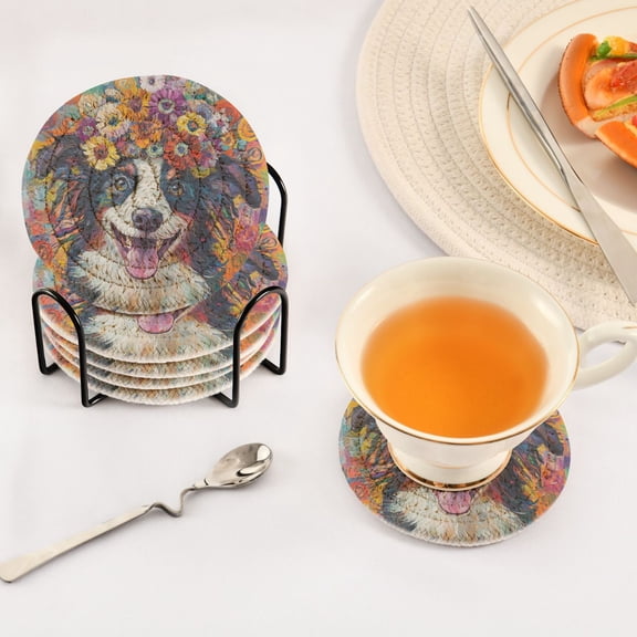 YAZAOO 6Pcs Drink Coasters With Holder 3.94Inch Loving Dog Creative Coil Coaster Coasters Colors Absorbent Coasters for Drinks Coasters Set Thicken Heat for Home Table