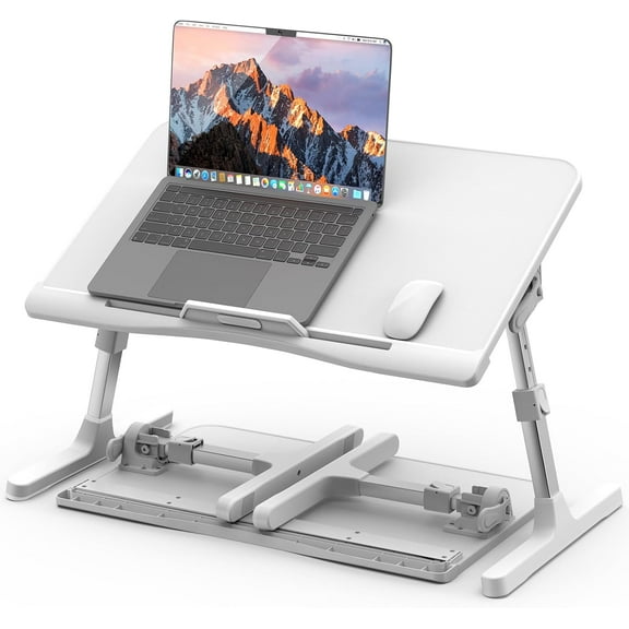 Adjustable Laptop Bed Desk, Potuopy Leather Bed Table Tray with Removable Stopper, Foldable Laptop Desk for Working Writing Drawing Eating on Couch Floor Bed, White(21.65"*13")