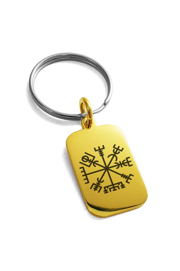 Stainless Steel Vegvisir Viking Compass Engraved Small Rectangle Dog Tag Charm Keychain Keyring