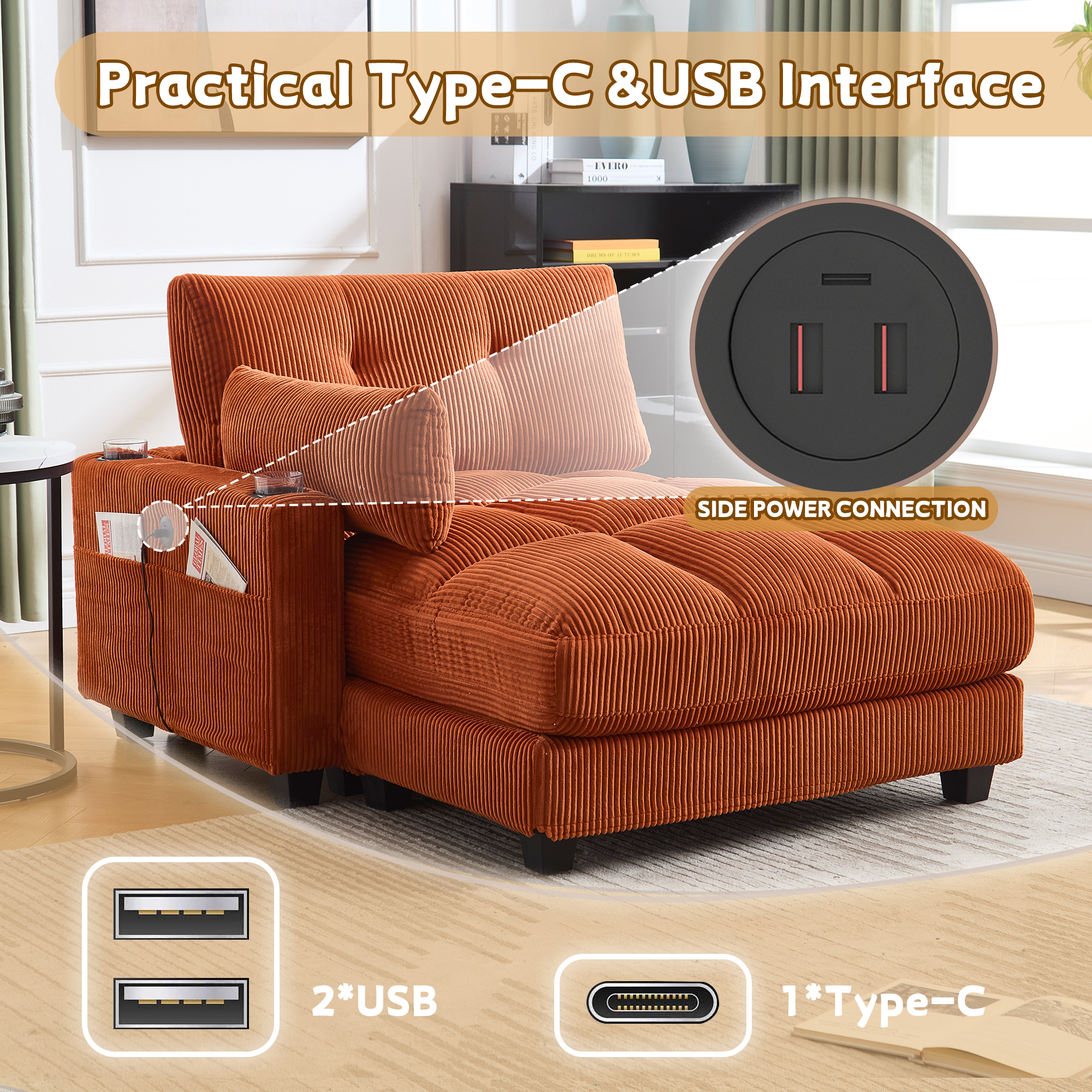 MOONMISS Corduroy Upholstered Soft Deep Seat Sleeper Sofa with USB,TYPE-C&2 Cup Holders-Orange