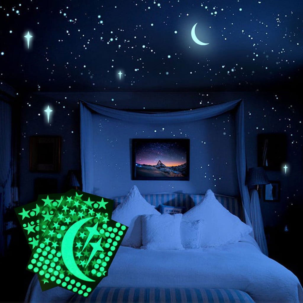 200Pcs 3D Stars Moon Sticker Glow In The Dark Bedroom Wall Decal Shiny Decor Hot 