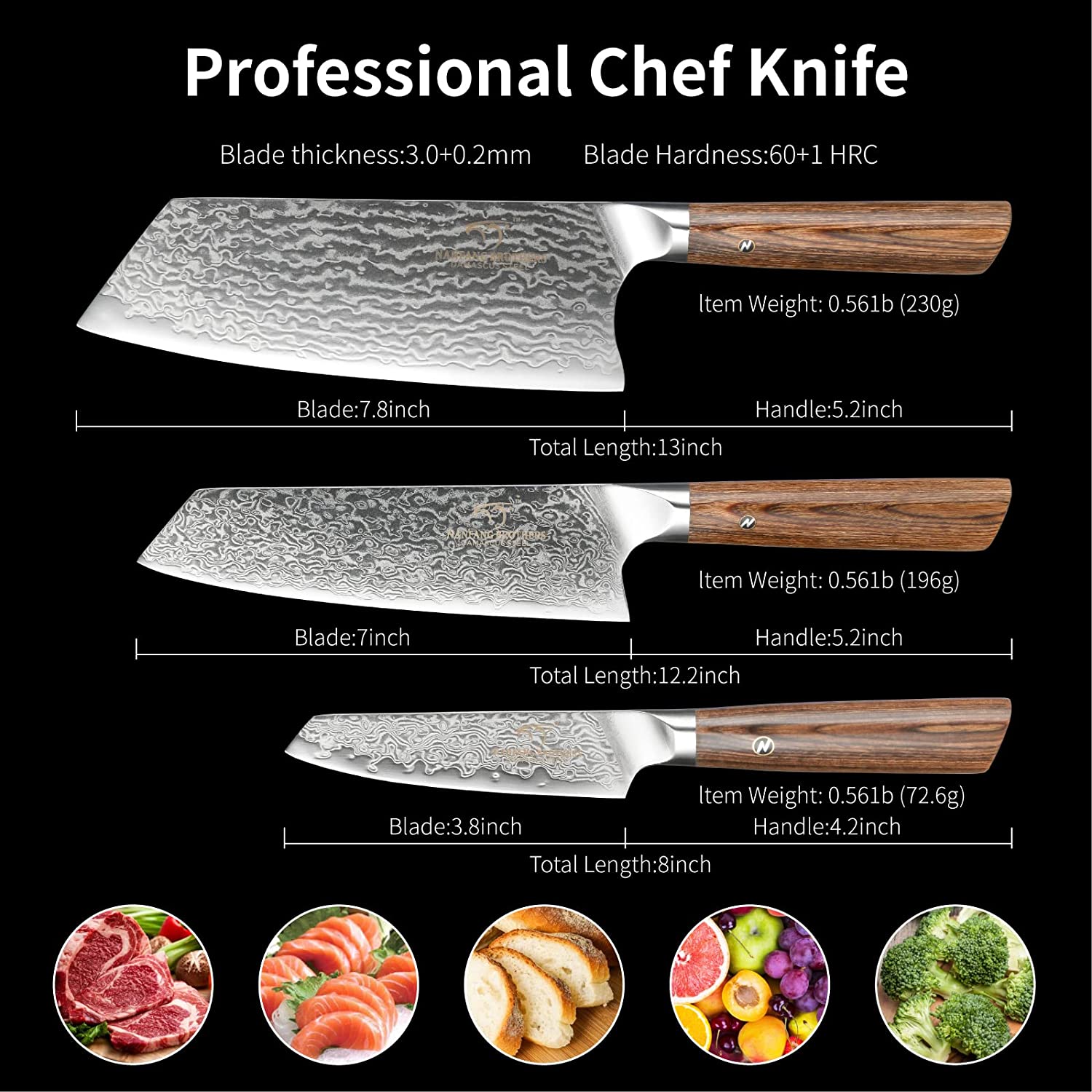 HAOYUE Damascus Kitchen Knife Set, 3 Pieces Japanese Style Kitchen Knives 67 Layer Forged Damascus VG10 Steel, lightweight Wood Ergonomic Handle for Cooking Knives Set