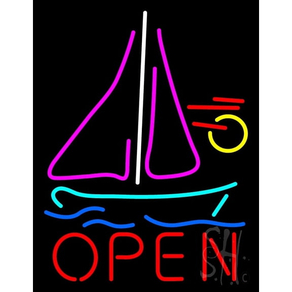 Open Sailboat LED Neon Sign 19 x 15 - inches, Black Square Cut Acrylic Backing, with Dimmer - Bright and Premium built indoor LED Neon Sign for Décor, Travel agency, Storefront.