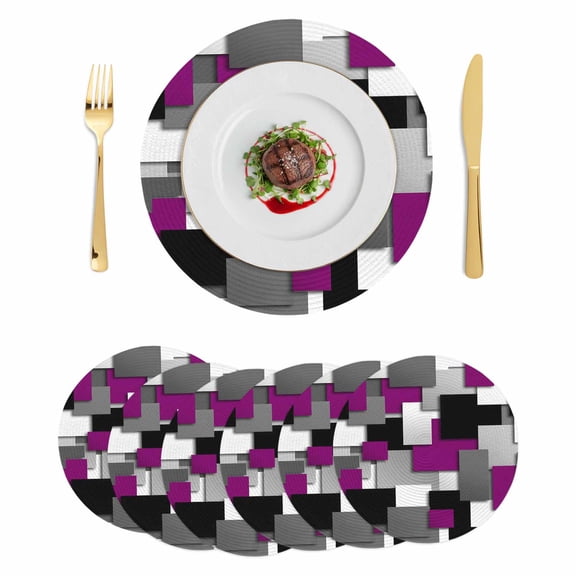 Modern Purple Grey Round 13 Inch Placemats Set of 6, Abstract Geometric Color Blocks HeatResistant Non Slip Place Mats for Dining Table, Wipeable Braided Kitchen Table Mats for Housewarming