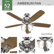 Hunter - Amberlin Indoor Ceiling Fan With Light, 52-inch, Brushed Nickel, Casual-style, 3-speed WhisperWind Motor, 53216, for Living Rooms, Bedrooms