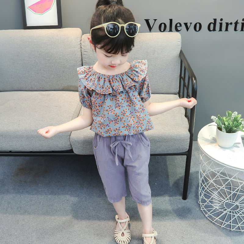 Toddler Girl Clothes Solid Color Ruffle Tops Floral Pants Sets with Headband toddler Girl Outfits 1T-5T