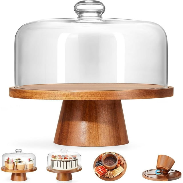 Soporte de madera para tartas con tapa, soporte para tartas de acacia con cúpula de vidrio, soporte de postre versátil de 11 pulgadas con fuerte pedestal magnético, soporte para tartas